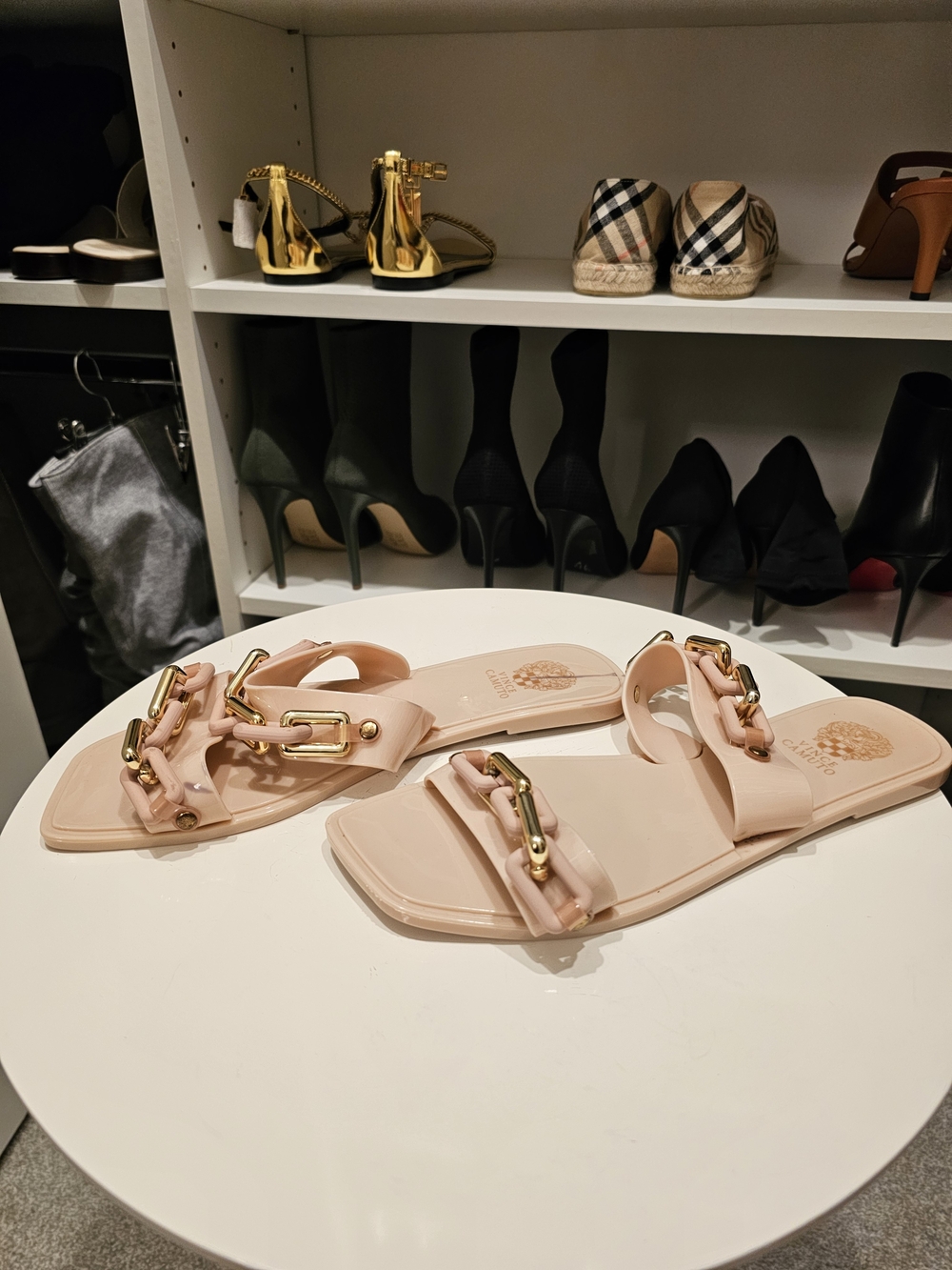 Vince Camuto Blush Pink Chain-Trim Slide Sandals - Picture 8 of 10